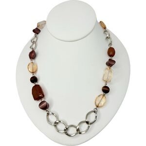 VTG Brown & Gold Tone Icy Glass Beaded Station Necklace 30" Silver Tone Boho